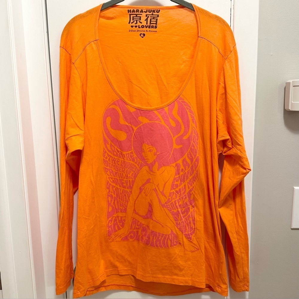 Harajuku Lovers Shirt Top L Orange Woman Wavy Words Graphic Gwen Stefani Rare